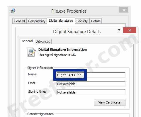 Screenshot of the Digital Arts Inc. certificate